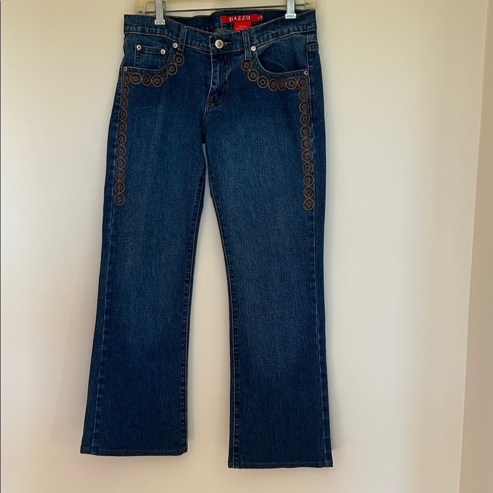 Pazzo 90% cotton denim blue jeans with embroidered trim sides size 9/10